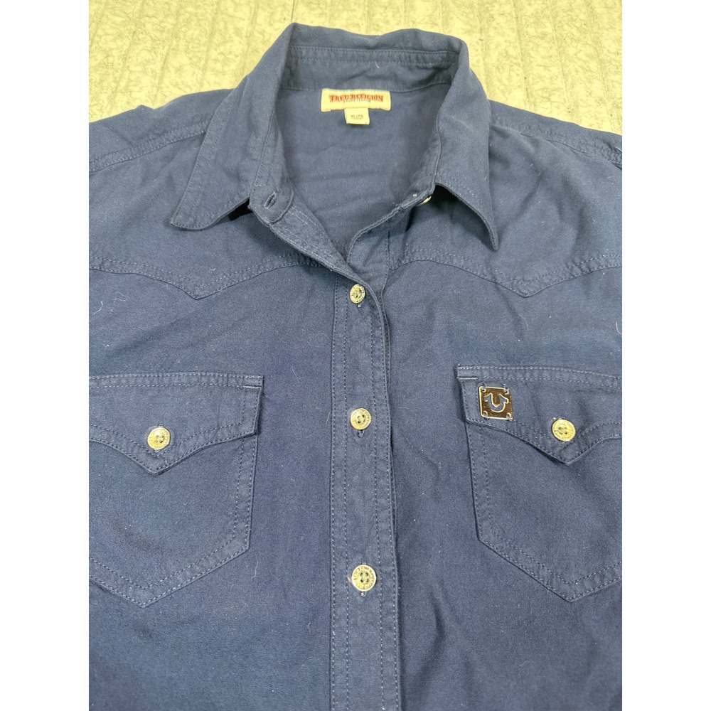 True Religion Navy Blue Western Button Down Shirt XLโ Long Sleeve Horseshoe Logo